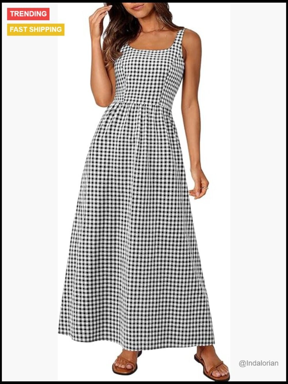 Spaghetti Strap Square Neck Plaid A-Line Maxi Sundress with Pockets